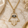 Collares con Dije 04.313.0031.20 Oro Laminado, Diseño de Mano de Dios y Judaica, con Zirconia Cubica Blanca, Esmaltado Blanco, Tono Dorado (Grosor 02 MM, 20 Pulgadas de Largo)