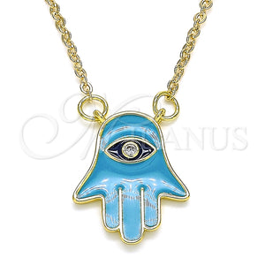 Collares con Dije 04.313.0032.18 Oro Laminado, Diseño de Mano de Dios, con Blanca Zirconia Cubica, Esmaltado Turquesa, Tono Dorado (02 MM Thickness, 18 Inches Length)