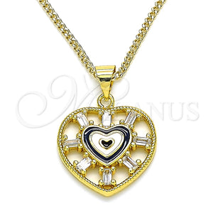 Collares con Dije 04.313.0040.20 Oro Laminado, Diseño de Corazón y Baguette, con Blanca Zirconia Cubica, Esmaltado Negro, Tono Dorado (02 MM Thickness, 20 Inches Length)