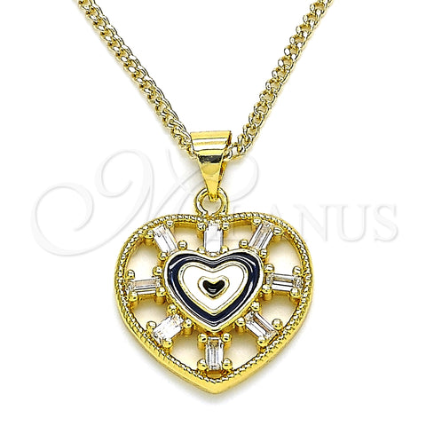 Collares con Dije 04.313.0040.20 Oro Laminado, Diseño de Corazón y Baguette, con Blanca Zirconia Cubica, Esmaltado Negro, Tono Dorado (02 MM Thickness, 20 Inches Length)