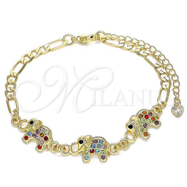 Pulsera Elegante 03.380.0034.08 Oro Laminado, Diseño de Elefante, con Multicolor Cristal, Pulido, Tono Dorado (04 MM Thickness, 8 Inches Length)