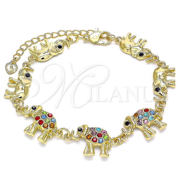 Pulsera Elegante 03.380.0036.1.07 Oro Laminado, Diseño de Elefante, con Multicolor Cristal, Pulido, Tono Dorado (09 MM Thickness, 7 Inches Length)