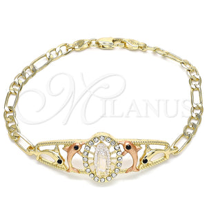 Pulsera Elegante 03.380.0041.08 Oro Laminado, Diseño de Guadalupe y Delfín, con Blanca and Negro Cristal, Pulido, Tres Tonos (04 MM Thickness, 8 Inches Length)