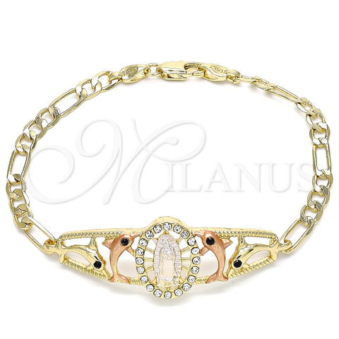 Pulsera Elegante 03.380.0041.08 Oro Laminado, Diseño de Guadalupe y Delfín, con Blanca and Negro Cristal, Pulido, Tres Tonos (04 MM Thickness, 8 Inches Length)