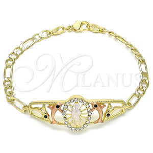 Pulsera Elegante 03.380.0043.08 Oro Laminado, Diseño de San Judas y Delfín, con Blanca and Negro Cristal, Pulido, Tres Tonos (04 MM Thickness, 8 Inches Length)