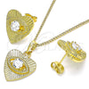 Juego de Arete y Dije de Adulto 10.379.0023 Oro Laminado, Diseño de Ojo Griego y Corazón, con Blanca Zirconia Cubica, Pulido, Tono Dorado