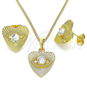 Juego de Arete y Dije de Adulto 10.379.0023 Oro Laminado, Diseño de Ojo Griego y Corazón, con Blanca Zirconia Cubica, Pulido, Tono Dorado