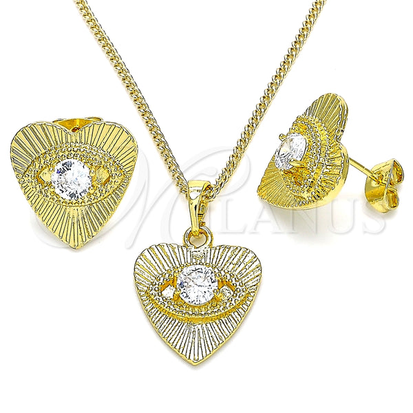 Juego de Arete y Dije de Adulto 10.379.0023 Oro Laminado, Diseño de Ojo Griego y Corazón, con Blanca Zirconia Cubica, Pulido, Tono Dorado
