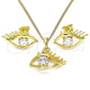 Juego de Arete y Dije de Adulto 10.379.0024 Oro Laminado, Diseño de Ojo Griego, con Blanca Zirconia Cubica, Pulido, Tono Dorado