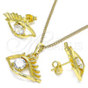 Juego de Arete y Dije de Adulto 10.379.0024 Oro Laminado, Diseño de Ojo Griego, con Blanca Zirconia Cubica, Pulido, Tono Dorado
