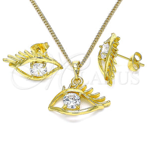 Juego de Arete y Dije de Adulto 10.379.0024 Oro Laminado, Diseño de Ojo Griego, con Blanca Zirconia Cubica, Pulido, Tono Dorado
