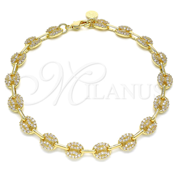 Tobillera Elegante 04.63.1402.10 Oro Laminado, Diseño de Puff Mariner, con Micro Pave Blanca, Pulido, Tono Dorado (Grosor 08 MM, 10 Pulgadas de Largo)