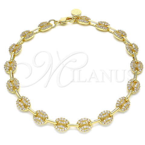 Tobillera Elegante 04.63.1402.10 Oro Laminado, Diseño de Puff Mariner, con Micro Pave Blanca, Pulido, Tono Dorado (Grosor 08 MM, 10 Pulgadas de Largo)