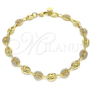Tobillera Elegante 04.63.1407.10 Oro Laminado, Diseño de Puff Mariner, con Blanca Micro Pave, Pulido, Tono Dorado (08 MM Thickness, 10 Inches Length)