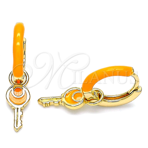 Argolla Huggie 02.213.0211.2.12 Oro Laminado, Diseño de Llave, Esmaltado Naranja, Tono Dorado