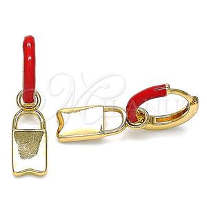 Argolla Huggie 02.213.0213.12 Oro Laminado, Diseño de Candado, Esmaltado Rojo, Tono Dorado