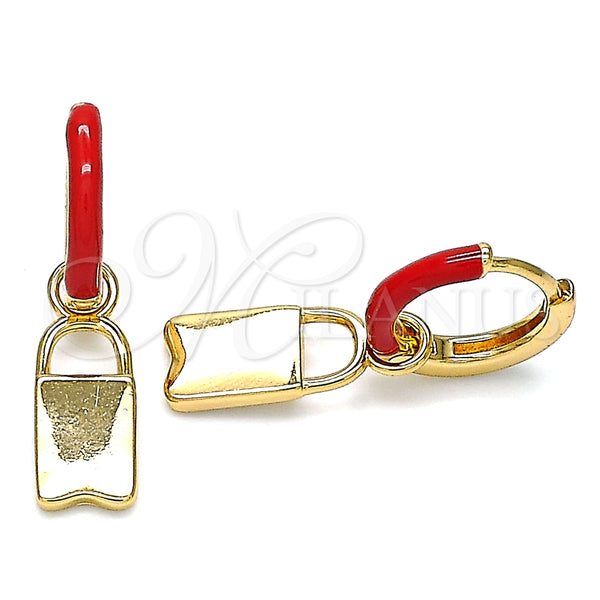 Argolla Huggie 02.213.0213.12 Oro Laminado, Diseño de Candado, Esmaltado Rojo, Tono Dorado