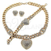 Collar, Pulsera y Dije 06.372.0030 Oro Laminado, Diseño de Corazón y Miami Cubana, con Blanca Cristal, Pulido, Tono Dorado