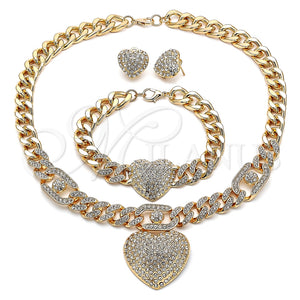 Collar, Pulsera y Dije 06.372.0030 Oro Laminado, Diseño de Corazón y Miami Cubana, con Blanca Cristal, Pulido, Tono Dorado
