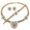 Collar, Pulsera y Dije 06.372.0031 Oro Laminado, Diseño de Corazón y Miami Cubana, con Blanca Cristal, Pulido, Tono Dorado