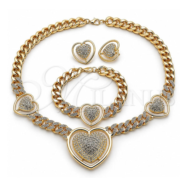 Collar, Pulsera y Dije 06.372.0031 Oro Laminado, Diseño de Corazón y Miami Cubana, con Cristal Blanca, Pulido, Tono Dorado