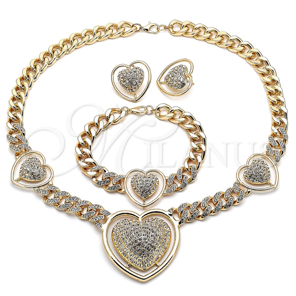 Collar, Pulsera y Dije 06.372.0031 Oro Laminado, Diseño de Corazón y Miami Cubana, con Blanca Cristal, Pulido, Tono Dorado