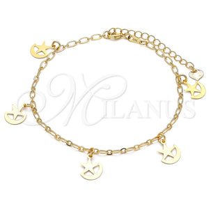 Tobillera de Dije 03.63.2189.10 Oro Laminado, Diseño de Estrella y Luna, Pulido, Tono Dorado (03 MM Thickness, 10 Inches Length)