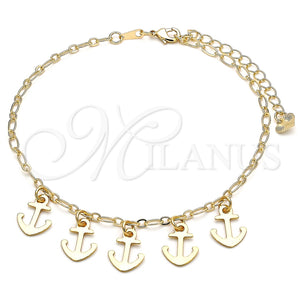 Tobillera de Dije 03.63.2192.10 Oro Laminado, Diseño de Ancla, Pulido, Tono Dorado (03 MM Thickness, 10 Inches Length)