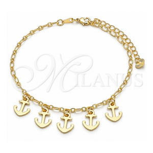 Tobillera de Dije 03.63.2192.10 Oro Laminado, Diseño de Ancla, Pulido, Tono Dorado (Grosor 03 MM, 10 Pulgadas de Largo)