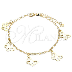 Tobillera de Dije 03.63.2193.10 Oro Laminado, Diseño de Mariposa, Pulido, Tono Dorado (03 MM Thickness, 10 Inches Length)