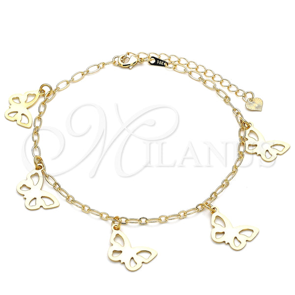 Tobillera de Dije 03.63.2193.10 Oro Laminado, Diseño de Mariposa, Pulido, Tono Dorado (03 MM Thickness, 10 Inches Length)