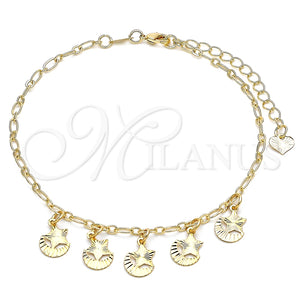 Tobillera de Dije 03.63.2194.10 Oro Laminado, Diseño de Estrella y Luna, Diamantado, Tono Dorado (03 MM Thickness, 10 Inches Length)