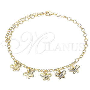 Tobillera de Dije 03.63.2195.10 Oro Laminado, Diseño de Mariposa, Diamantado, Tono Dorado (04 MM Thickness, 10 Inches Length)