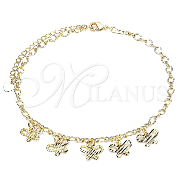 Tobillera de Dije 03.63.2195.10 Oro Laminado, Diseño de Mariposa, Diamantado, Tono Dorado (04 MM Thickness, 10 Inches Length)
