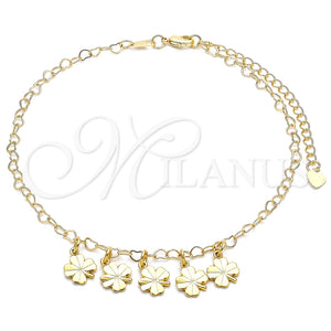 Tobillera de Dije 03.63.2199.10 Oro Laminado, Diseño de Trébol de Cuatro Hojas, Pulido, Tono Dorado (03 MM Thickness, 10 Inches Length)