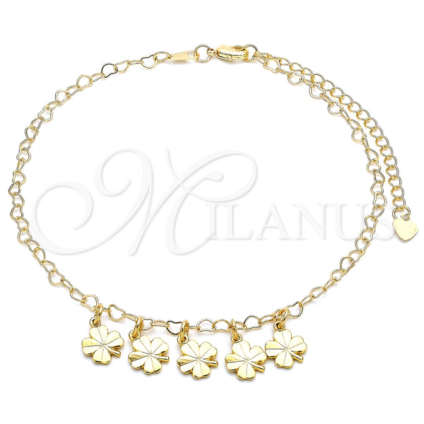 Tobillera de Dije 03.63.2199.10 Oro Laminado, Diseño de Trébol de Cuatro Hojas, Pulido, Tono Dorado (03 MM Thickness, 10 Inches Length)