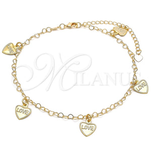 Tobillera de Dije 03.63.2202.10 Oro Laminado, Diseño de Corazón y Amor, Pulido, Tono Dorado (03 MM Thickness, 10 Inches Length)