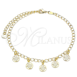 Tobillera de Dije 03.63.2203.10 Oro Laminado, Diseño de Tortuga, Pulido, Tono Dorado (04 MM Thickness, 10 Inches Length)