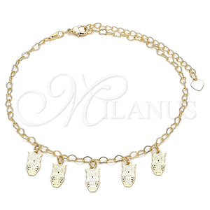 Tobillera de Dije 03.63.2204.10 Oro Laminado, Diseño de Búho, Pulido, Tono Dorado (03 MM Thickness, 10 Inches Length)