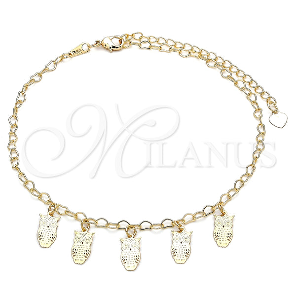 Tobillera de Dije 03.63.2204.10 Oro Laminado, Diseño de Búho, Pulido, Tono Dorado (03 MM Thickness, 10 Inches Length)