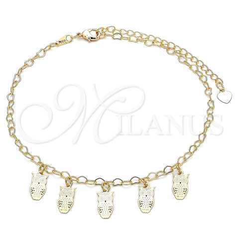 Tobillera de Dije 03.63.2204.10 Oro Laminado, Diseño de Búho, Pulido, Tono Dorado (03 MM Thickness, 10 Inches Length)