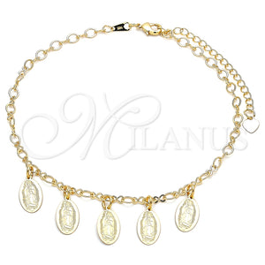 Tobillera de Dije 03.63.2206.10 Oro Laminado, Diseño de Guadalupe, Pulido, Tono Dorado (04 MM Thickness, 10 Inches Length)