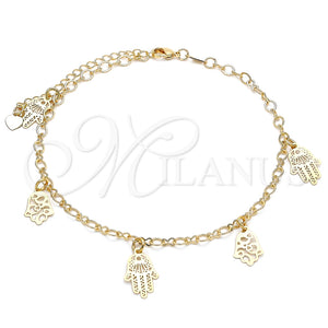 Tobillera de Dije 03.63.2207.10 Oro Laminado, Diseño de Mano de Dios, Pulido, Tono Dorado (04 MM Thickness, 10 Inches Length)