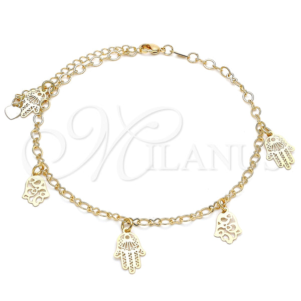 Tobillera de Dije 03.63.2207.10 Oro Laminado, Diseño de Mano de Dios, Pulido, Tono Dorado (04 MM Thickness, 10 Inches Length)