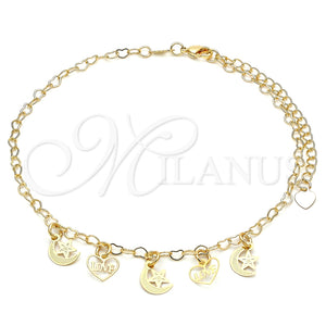 Tobillera de Dije 03.63.2208.10 Oro Laminado, Diseño de Estrella y Luna, Pulido, Tono Dorado (03 MM Thickness, 10 Inches Length)