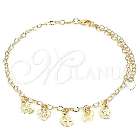 Tobillera de Dije 03.63.2208.10 Oro Laminado, Diseño de Estrella y Luna, Pulido, Tono Dorado (03 MM Thickness, 10 Inches Length)