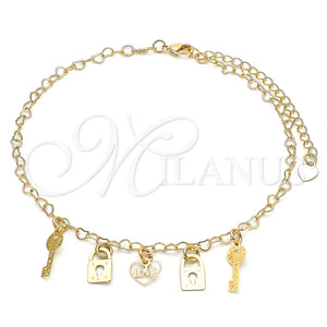 Tobillera de Dije 03.63.2209.10 Oro Laminado, Diseño de Corazón y Amor, Pulido, Tono Dorado (03 MM Thickness, 10 Inches Length)