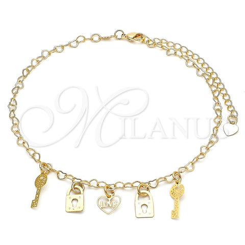 Tobillera de Dije 03.63.2209.10 Oro Laminado, Diseño de Corazón y Amor, Pulido, Tono Dorado (03 MM Thickness, 10 Inches Length)