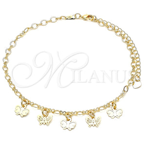 Tobillera de Dije 03.63.2210.10 Oro Laminado, Diseño de Mariposa, Pulido, Tono Dorado (04 MM Thickness, 10 Inches Length)