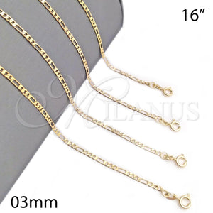 Gargantilla Basica 04.58.0010.16 Oro Laminado, Diseño de Figaro, Pulido, Tono Dorado (03 MM Thickness, 16 Inches Length)
